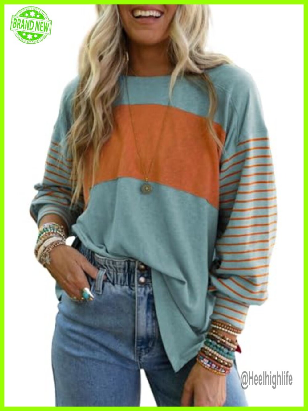 Womens Long Sleeve Color Block Tunic Top Oversized Round Neck Pullover